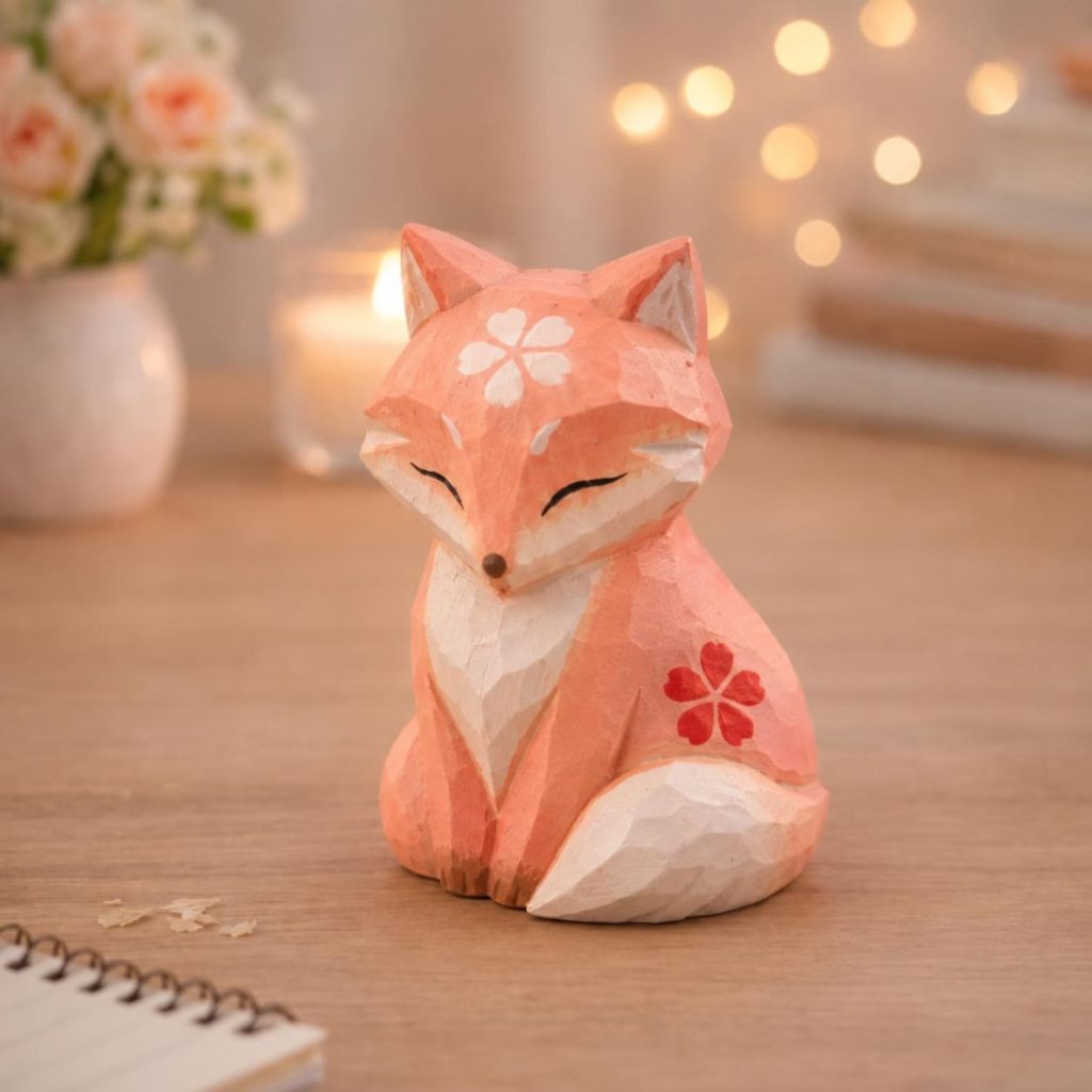 Hand Carved Sleeping Fox Wooden Figurine, Cute Animal Desk Decor, Handmade Wood Fox Sculpture, Nursery Shelf Decor, Woodland Gift